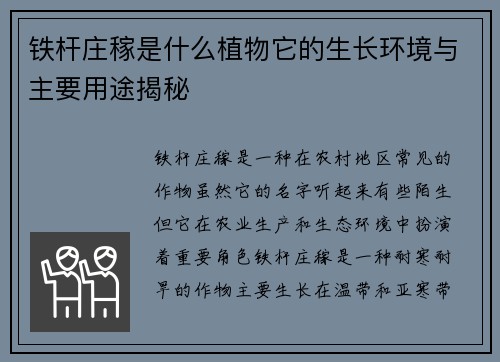 铁杆庄稼是什么植物它的生长环境与主要用途揭秘