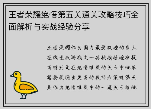 王者荣耀绝悟第五关通关攻略技巧全面解析与实战经验分享